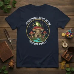 Adventures Await In The Fungal Forest t-shirt with a frog explorer on a mushroom castle, surrounded by magical mushrooms