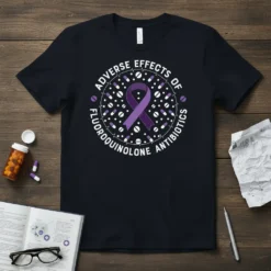T-shirt design featuring a purple awareness ribbon surrounded by pills, displaying text "Adverse Effects of Fluoroquinolone Antibiotics"