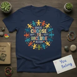 Advocate Choose To Include Accept Inclusion T-Shirt with diverse figures in a circle, colorful text, and hearts