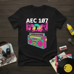 Black t-shirt with "AEC 1Ø7" text above a retro boombox graphic and a vibrant sunset skyline with palm trees