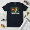 Aerodynamics of a Chicken t-shirt design with a rooster graphic and airflow lines, printed in white text