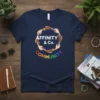 Affinity & Co. COMMUNITY text with hands holding rainbow heart graphic on navy t-shirt
