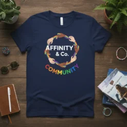 Affinity & Co. COMMUNITY text with hands holding rainbow heart graphic on navy t-shirt
