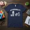 T-shirt with the word AFFORDABILITY and icons representing stacked coins, a shopping cart, and an upward arrow with a checkmark