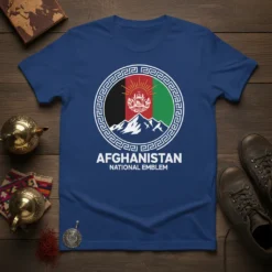 Afghanistan National Emblem t-shirt with flag colors, mountains, and text 'AFGHANISTAN NATIONAL EMBLEM'