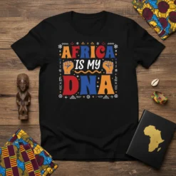 AFRICA IS MY DNA text design with African-inspired graphics and fist symbols on a black t-shirt