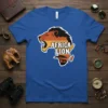 Africa Lion T-Shirt featuring a roaring lion silhouette within the outline of the African continent, showcasing savanna wildlife