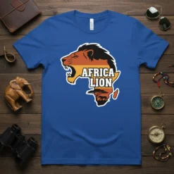 Africa Lion T-Shirt featuring a roaring lion silhouette within the outline of the African continent, showcasing savanna wildlife