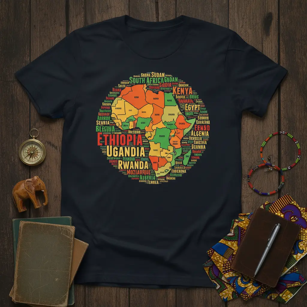 Africa map word cloud t-shirt design displaying country names in a circular formation, highlighting diverse nations