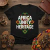 Black t-shirt with "AFRICA UNITY HERITAGE" text in white, surrounded by a diamond pattern of red, yellow, green, and black
