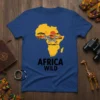 AFRICA WILD t-shirt design with a yellow map of Africa, zebras, acacia trees, and a sunset