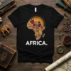 Black t-shirt featuring a map of Africa with colorful, patterned regions and the word AFRICA. in white text below