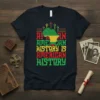 African American History Is American History quote on a black t-shirt with an Africa map graphic in Pan-African colors and