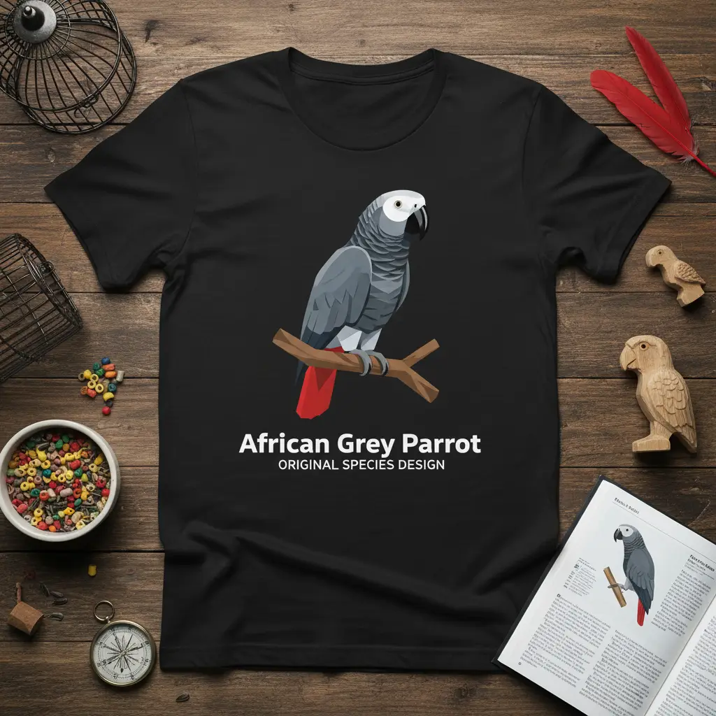 African Grey Parrot ORIGINAL SPECIES DESIGN text with a detailed illustration of the parrot perched on a branch