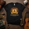 African Jazz Fusion Roots & Rhythm t-shirt design featuring a dancing silhouette, guitars, and saxophones with African geometric patterns