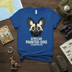 African Painted Dog Lycaon Pictus text design with a graphic portrait of the dog on a blue t-shirt