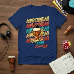 Afrobeat Rhythm Soul Energy t-shirt design with repeating "AFROBEAT" text, a djembe drum, and a dancing silhouette