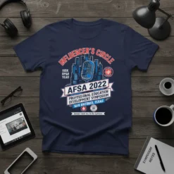 Navy t-shirt for AFSA 2022 Professional Education Development Symposium featuring "Influencer's Circle" design with microphone, cityscape, and event details