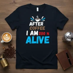 After Coffee I Am 200% Alive text design with a coffee cup graphic on a black t-shirt