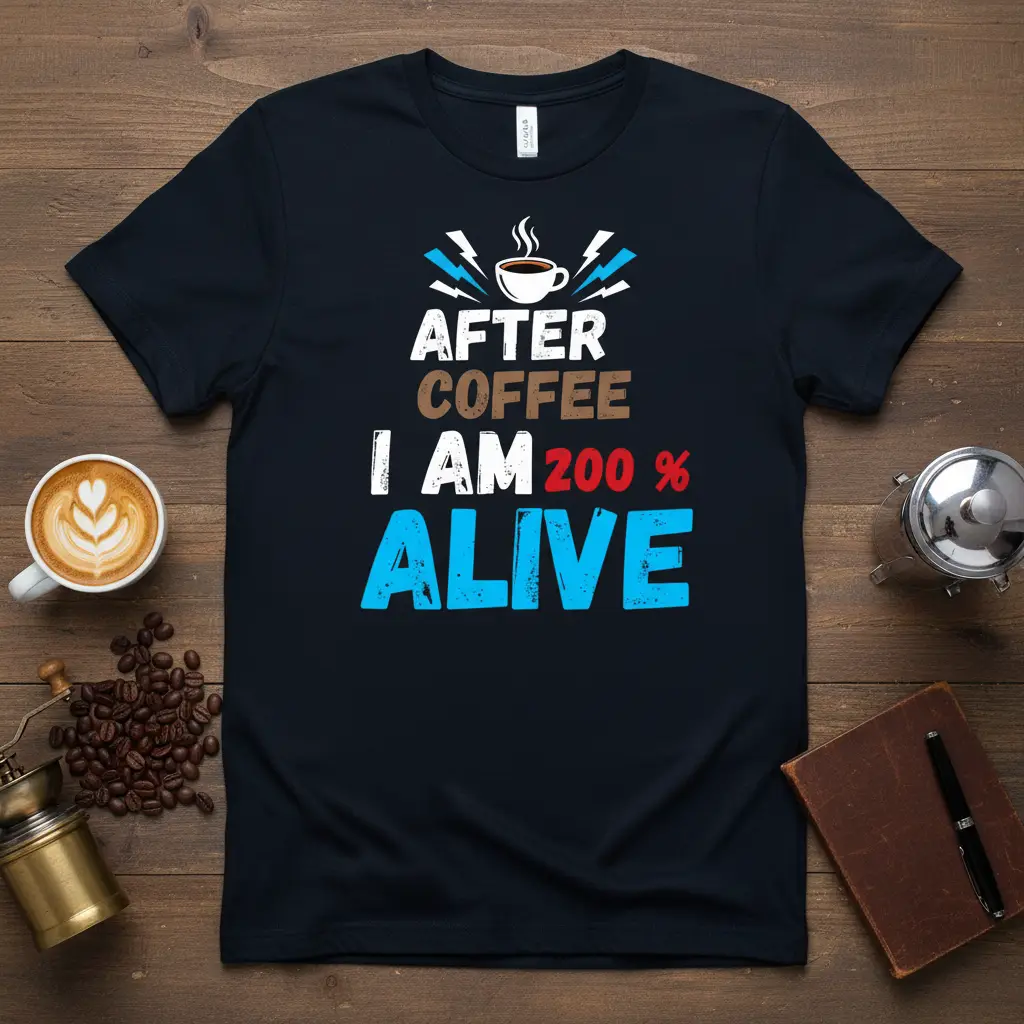 After Coffee I Am 200% Alive text design with coffee cup and lightning bolts on black tee