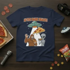 After Dark Snacks T-Shirt design with Bigfoot and alien eating pizza under a UFO, funny graphic tee