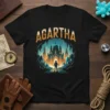 AGARTHA text above a fantasy lost city in a crystal cave with an explorer graphic on a black t-shirt