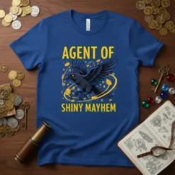 Agent Of Shiny Mayhem t-shirt design with a black raven flying amidst gold coins and swirling yellow accents