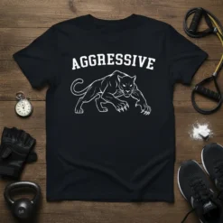 Black t-shirt with white "AGGRESSIVE" text above a white outline of a panther in a low stance, fitness theme