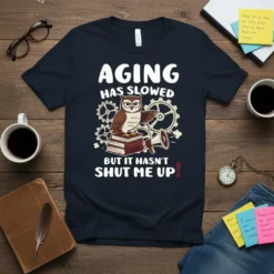 T-shirt with the text "AGING HAS SLOWED BUT IT HASN'T SHUT ME UP!" featuring a cartoon owl on books with