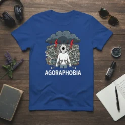 Agoraphobia T-Shirt design featuring a person chained within a city map under a stormy cloud with lightning