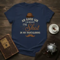 T-shirt with "Ah Good Sir I Believe I've Shat In My Pantaloons" quote, bowler hat, and mustache graphic