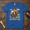 Golden Retriever dog dressed as a pirate on a ship with text "AHoy Matey! ARRR!"