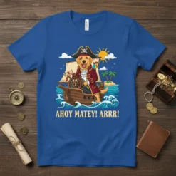 Golden Retriever dog dressed as a pirate on a ship with text "AHoy Matey! ARRR!"