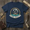 Ahoy Matey pirate ship design on a navy blue t-shirt, featuring a sailing ship, skull and crossbones flag, moon, and