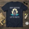 Ahoy Mateys! Let's Party! t-shirt with a cheerful pirate captain, sailing ship, palm trees, and ocean waves graphic