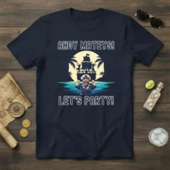 Ahoy Mateys! Let's Party! t-shirt with a cheerful pirate captain, sailing ship, palm trees, and ocean waves graphic