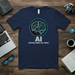 AI t-shirt with a circuit board brain graphic and the text ARTIFICIAL MINDS, REAL IMPACT