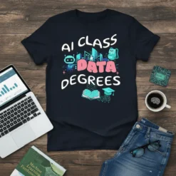 AI Class Data Degrees t-shirt with graphic of robot, city, backpack, book, and graduation cap