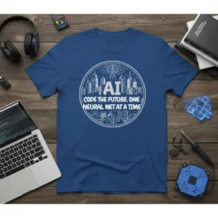 AI CODE THE FUTURE, ONE NEURAL NET AT A TIME quote on a blue t-shirt, featuring a circular design with
