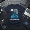 AI CODE. TRAIN. EVOLVE. t-shirt with robotic head graphic and city skyline illustration