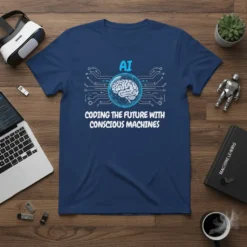 AI Coding The Future With Conscious Machines t-shirt with brain graphic and circuit board design