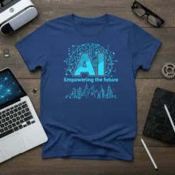 AI Empowering the Future t-shirt design with stylized AI text and futuristic city skyline graphic in blue tones
