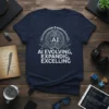 AI Evolving, Expandig, Excelling t-shirt with a graphic of a stylized brain and circuit board pattern, white text on a