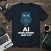 AI Neural Networks Never Sleep t-shirt featuring a neon blue owl graphic with a circuit board design and AI chip