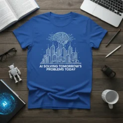 AI Solving Tomorrow's Problems Today t-shirt with futuristic city and brain graphic