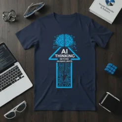 AI Thinking Beyond Human Limits quote on a navy t-shirt with a graphic of a stylized brain and circuit board