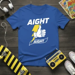 Aight Aight t-shirt design with white text, a white thumbs-up hand, and a yellow lightning bolt graphic