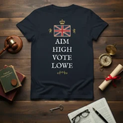 AIM HIGH VOTE LOWE text with Union Jack and crown graphic on a navy t-shirt