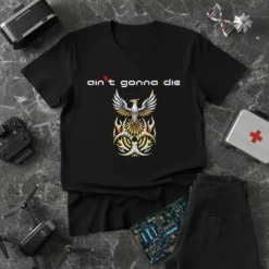 Black t-shirt with white text "ain't gonna die" above a golden and silver phoenix graphic with flames