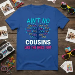 T-shirt with text "Ain't No Cousins Like The Ones I Got" above a tree graphic filled with sunglasses